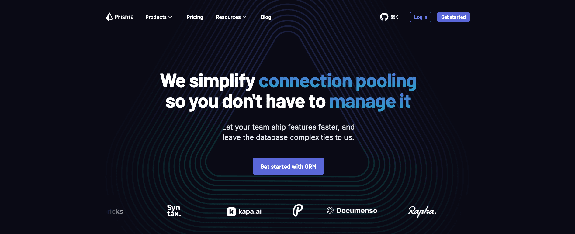 Primsa Landing Page We simplify database migration, connection pooling, database queries, and readable data models.