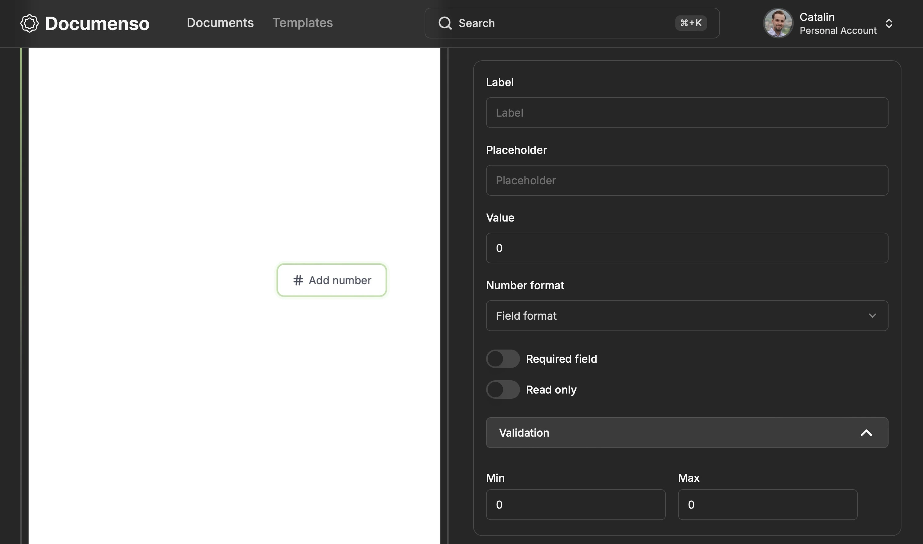 The advanced settings tab for the number field on the Documenso document editor page