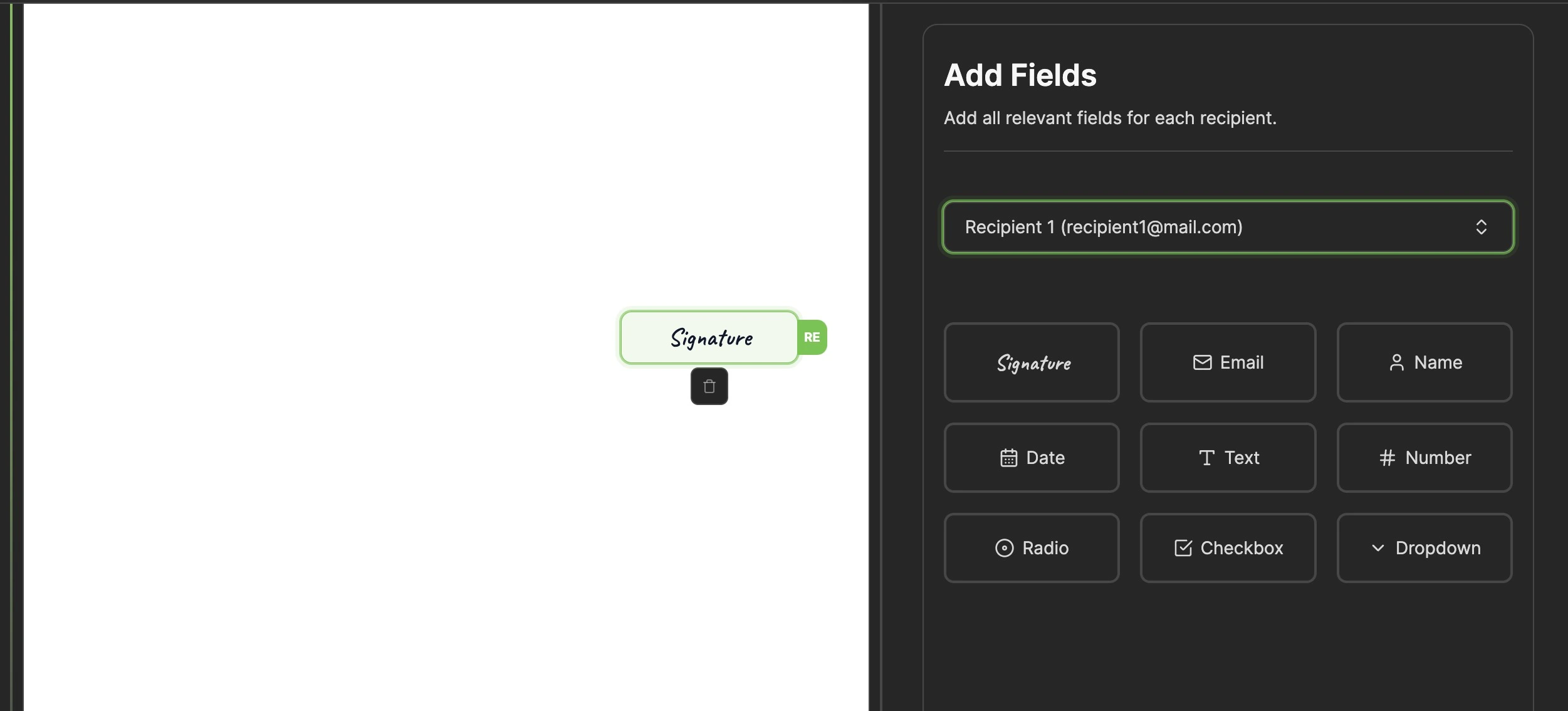 Screenshot illustrating the recipient colour on the Documenso document editor page